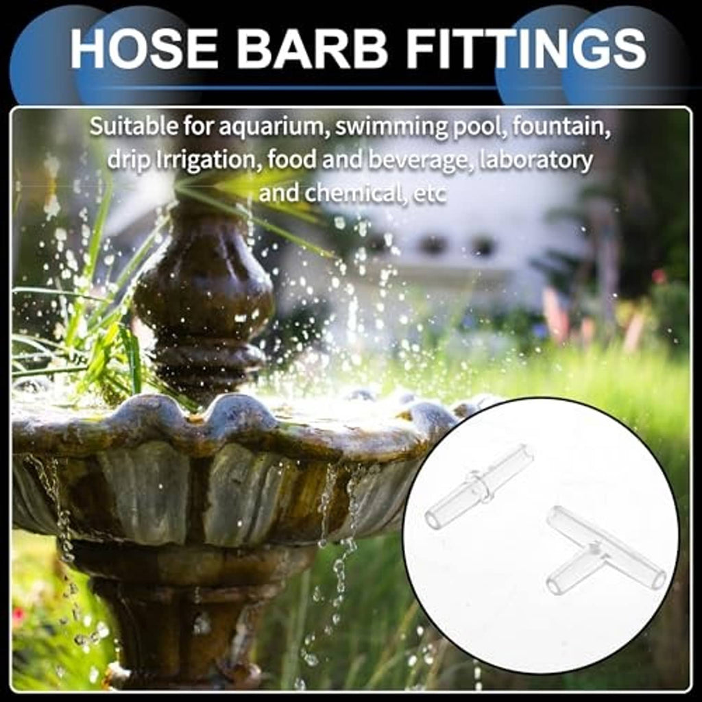 Clear 3-way T-shaped hose barb connector fitting, close-up