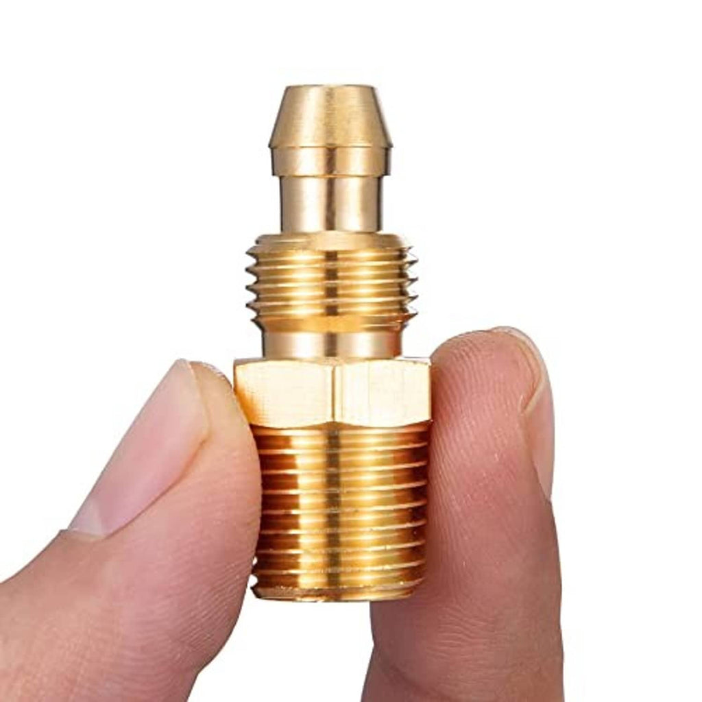 Brass 1/4 inch fitting held between fingers, threaded body and smooth collar