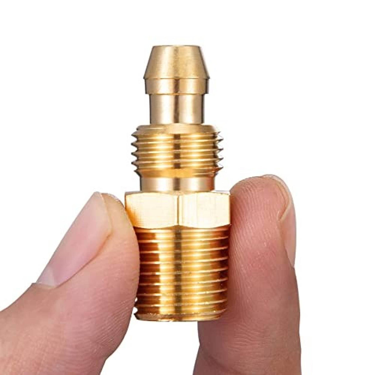 Brass 1/4 inch fitting held between fingers, threaded body and smooth collar