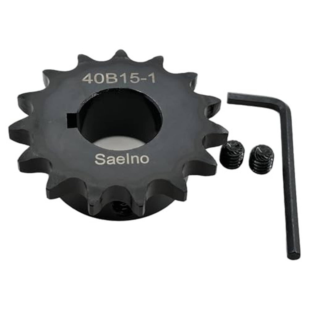 Roller chain sprocket with 4OB15-1 marking, dark finish, includes screws and hex wrench