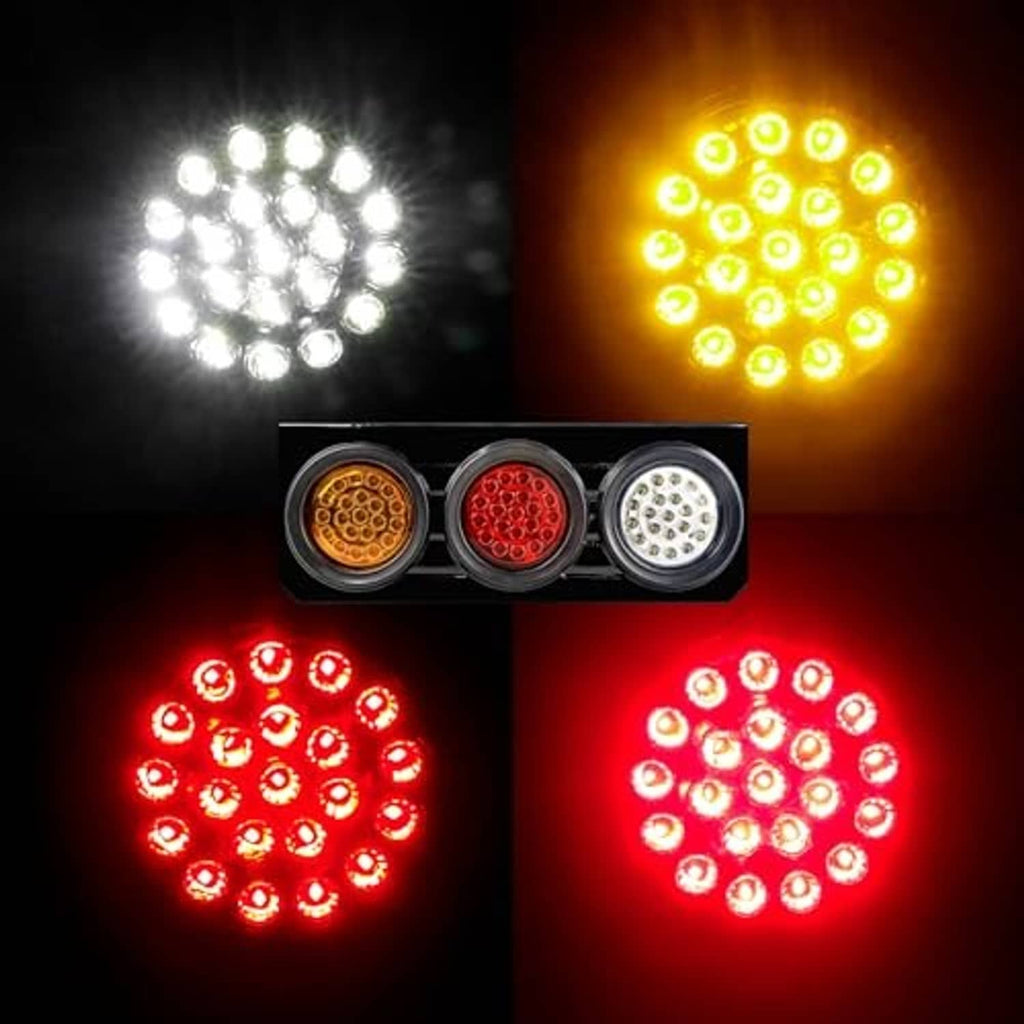 LED trailer tail light bar with illuminated circular lenses in white, amber, and red