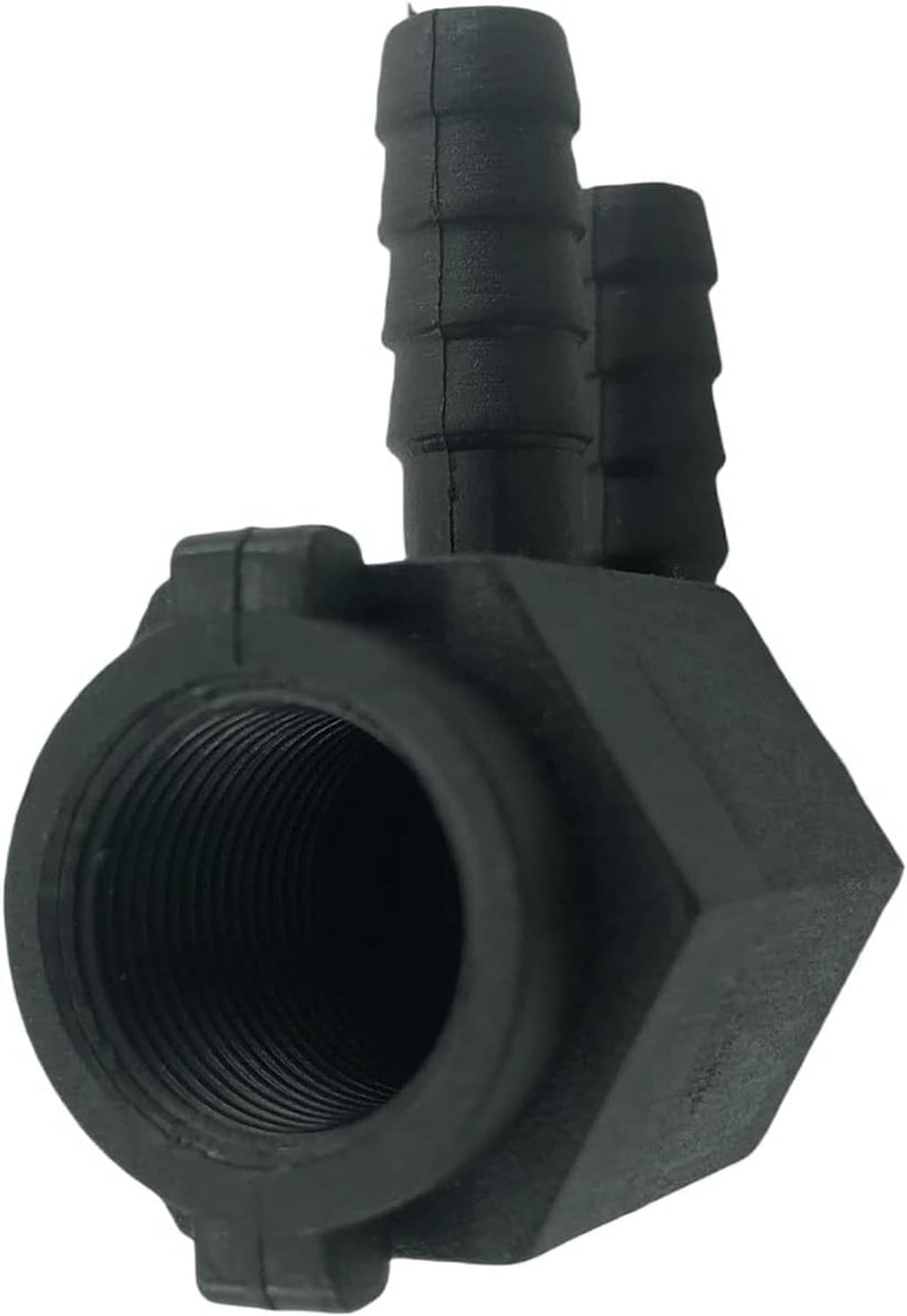 Black heater nozzle adapter with threaded inlet and two hose barbs