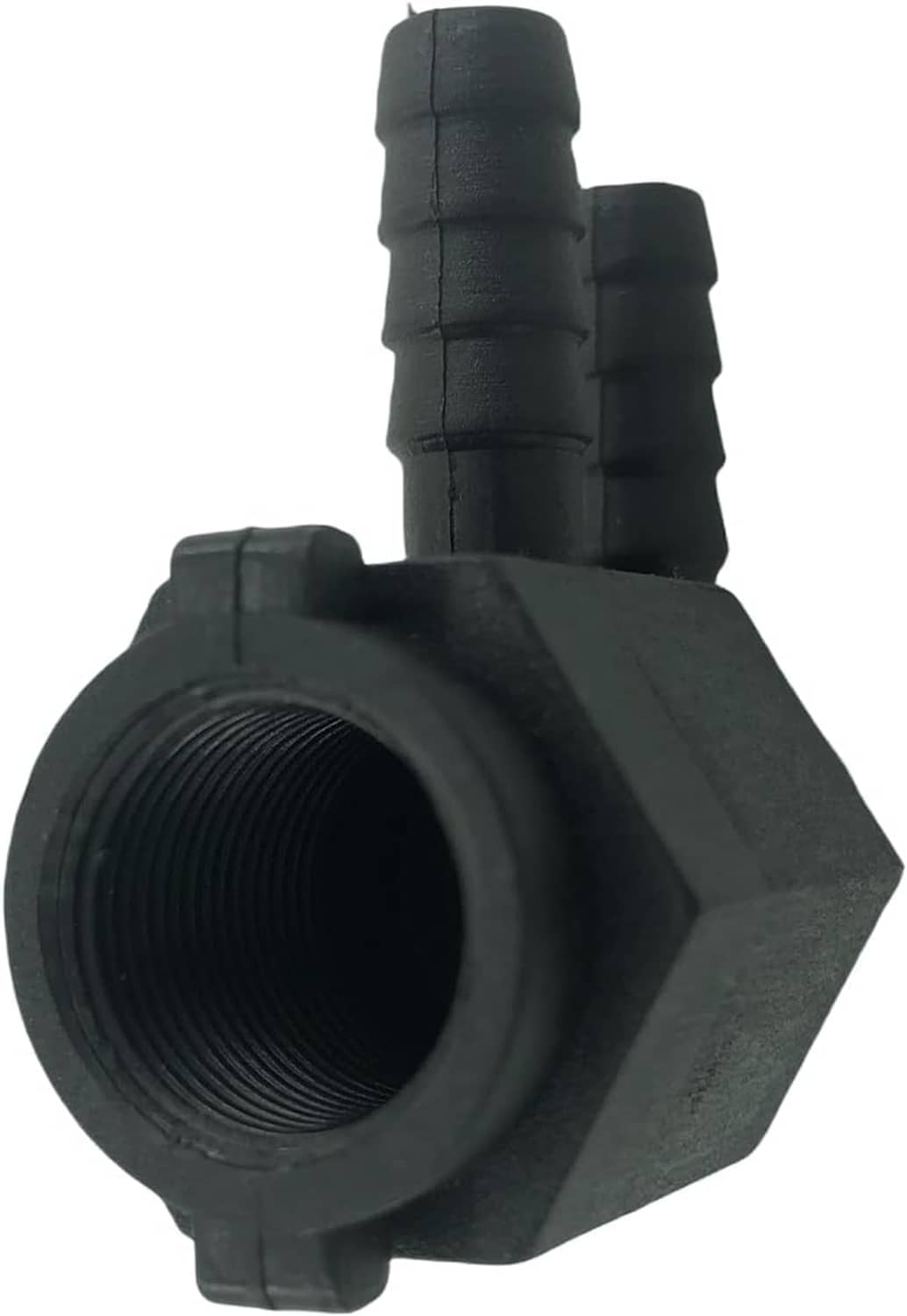 Black heater nozzle adapter with threaded inlet and two hose barbs