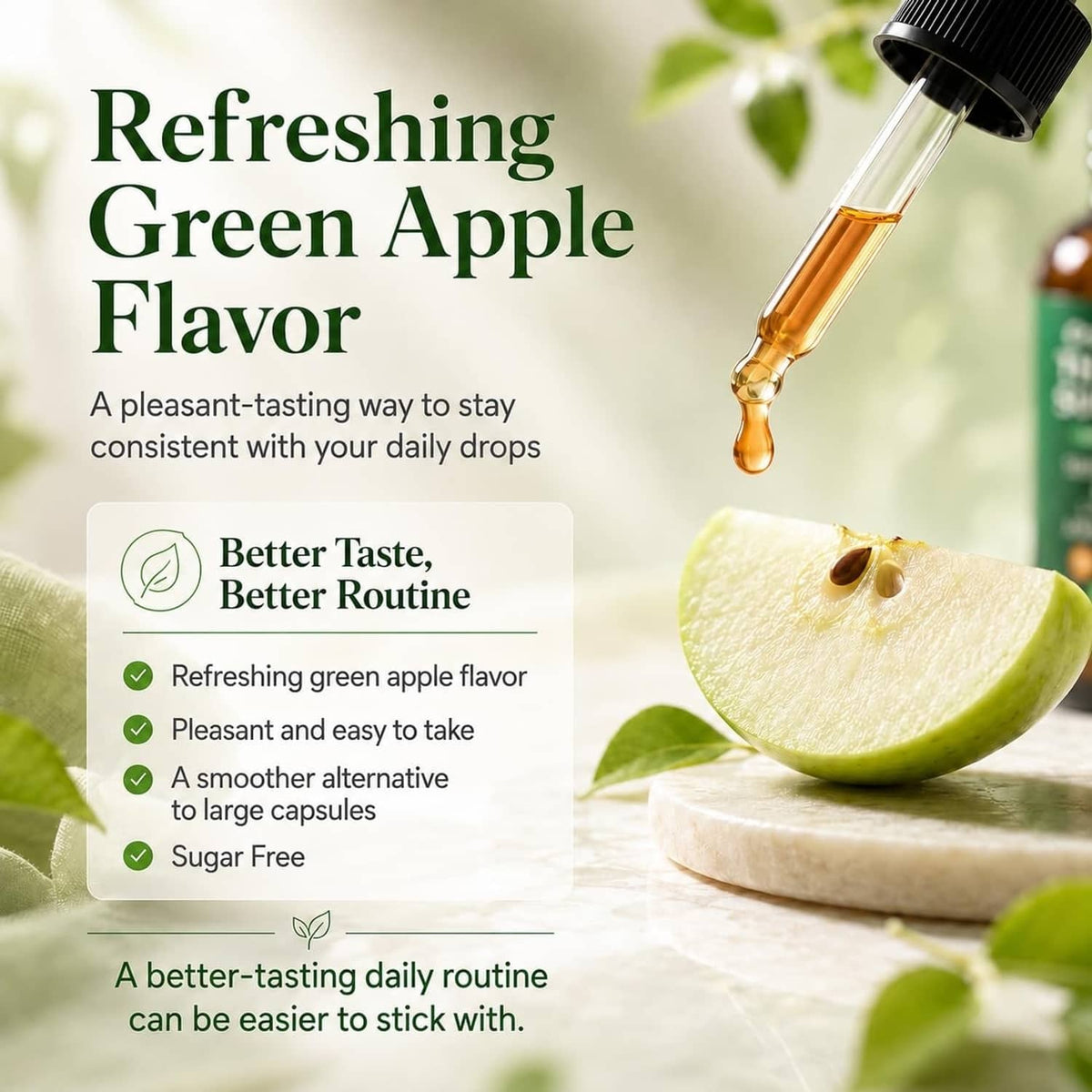 Green apple flavor infographic for liquid drops with dropper bottle and apple