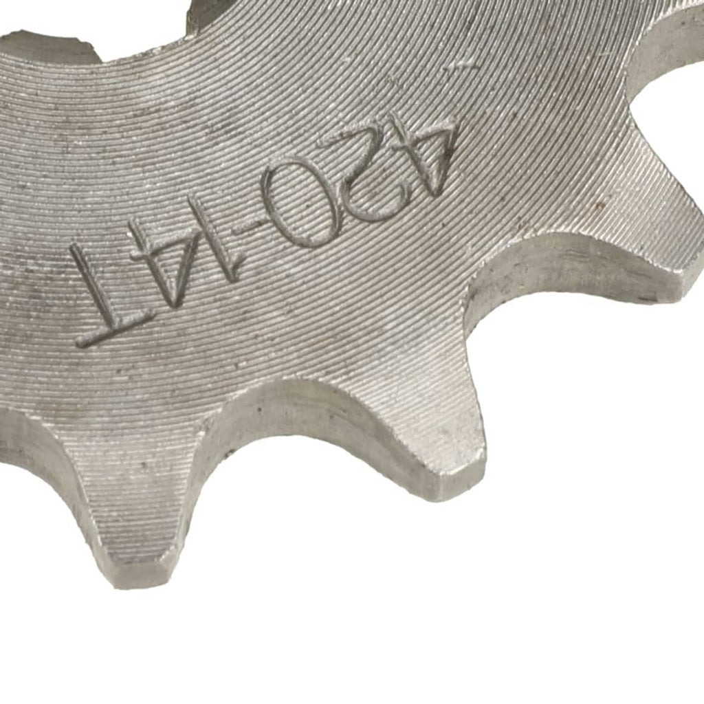 420-14T front sprocket gear, close-up of stamped markings on silver steel teeth