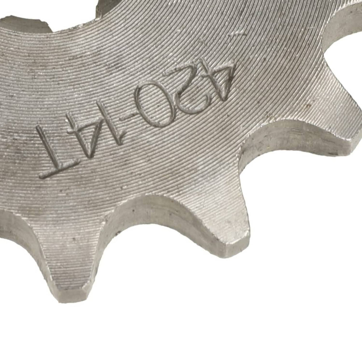 420-14T front sprocket gear, close-up of stamped markings on silver steel teeth