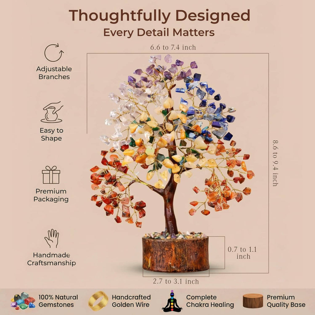 7 chakra crystal tree of life ornament diagram with multicolor gemstone branches and base