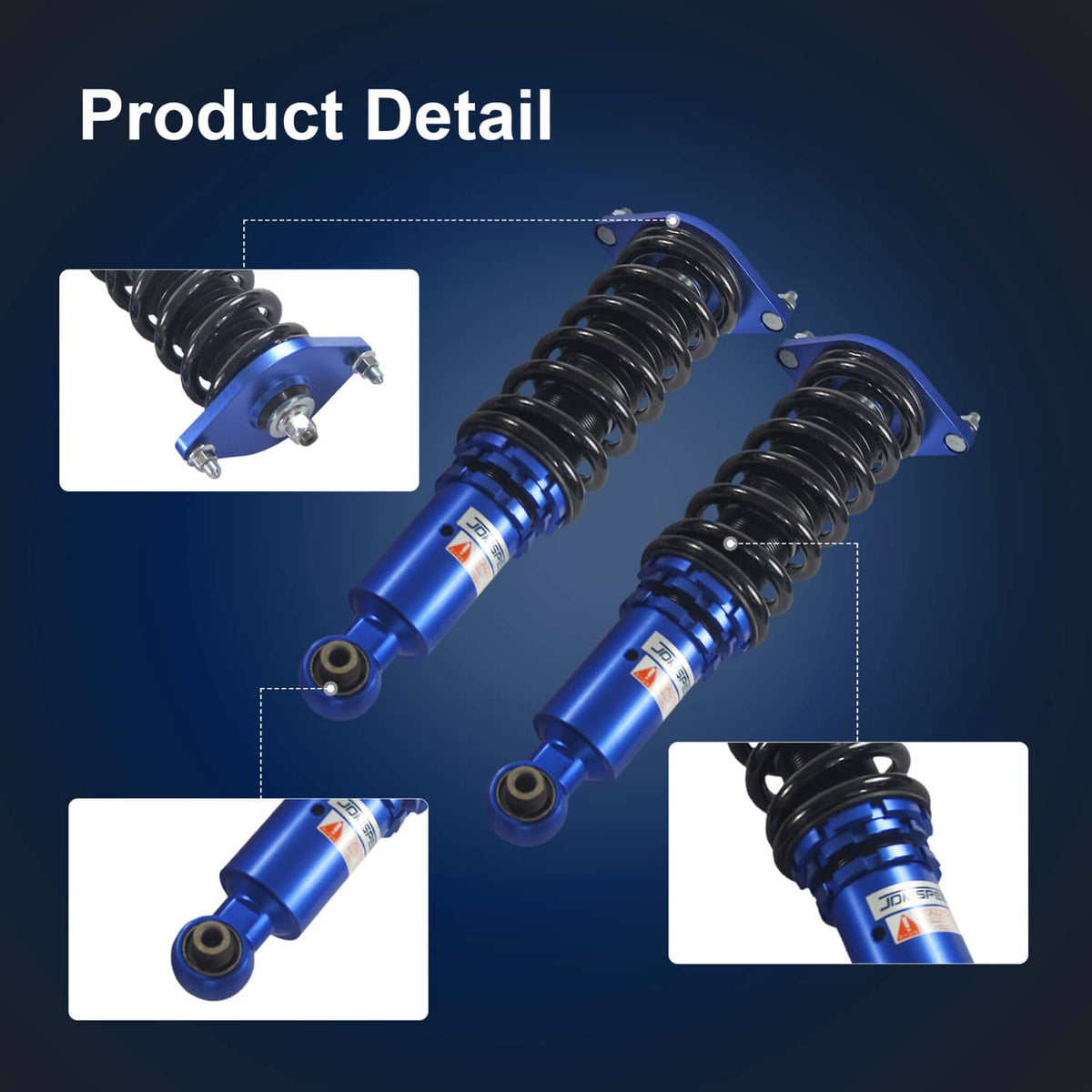Close-up blue coilover strut with black spring and dust boot, mounting hardware shown