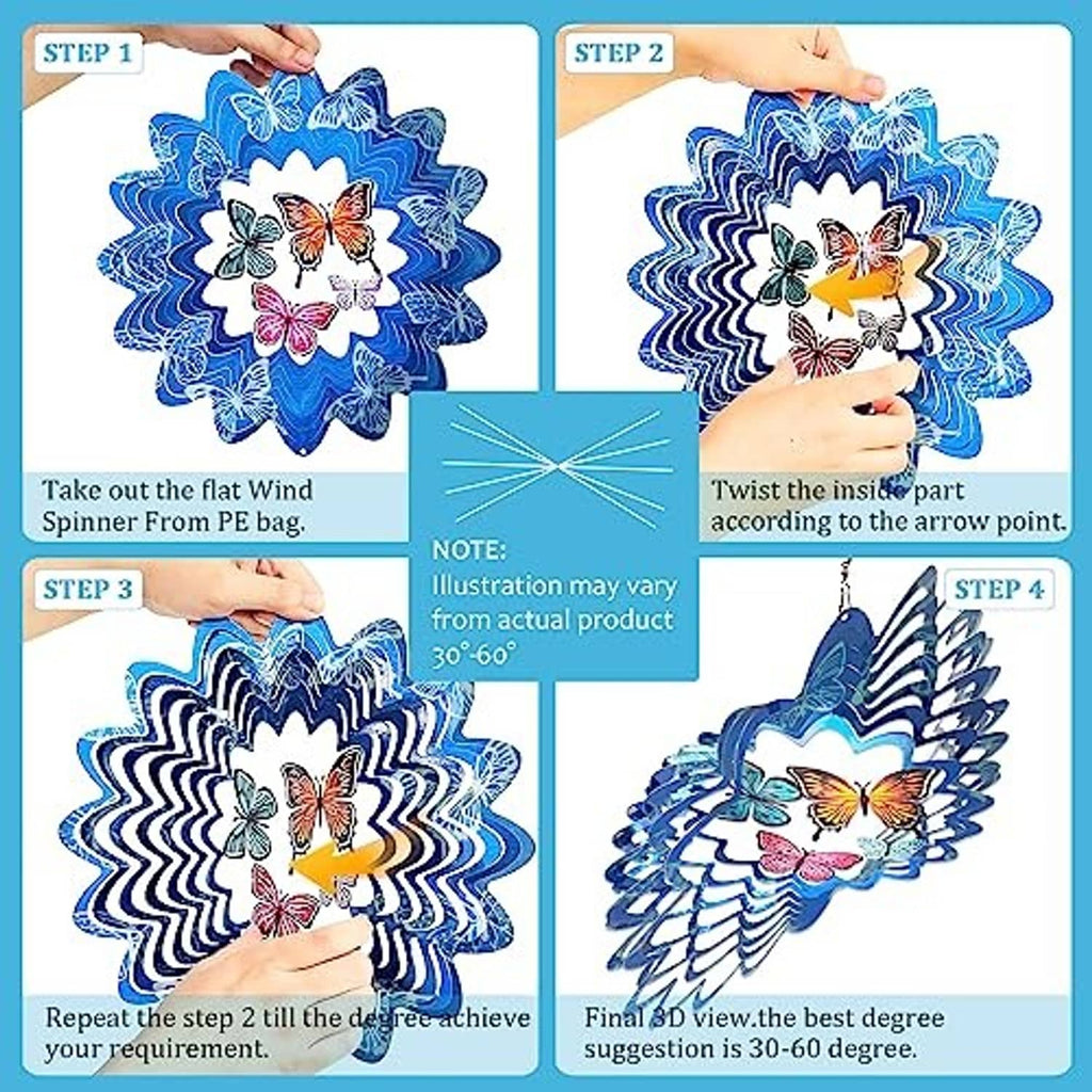 Hand assembling a blue 3D butterfly wind spinner with multicolor butterfly center