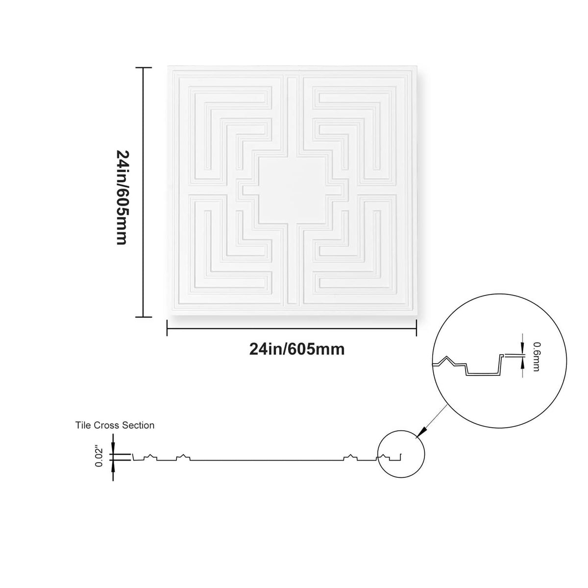 White ceiling tile size diagram: 24x24 in, echo geometric pattern detail