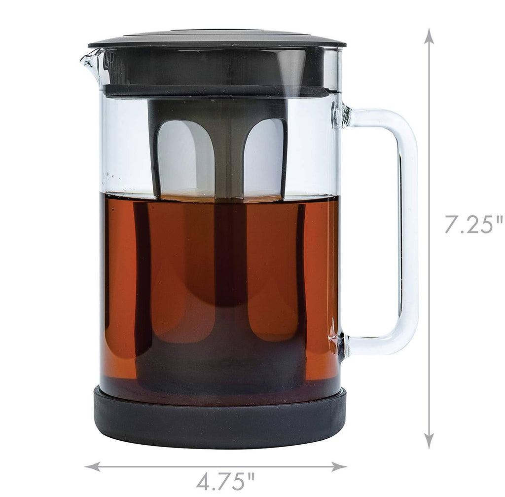 Cold brew coffee maker with clear glass pitcher, black lid, and right-side handle