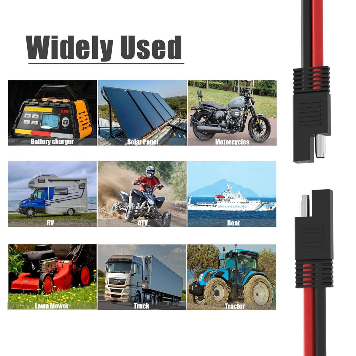 Red and black SAE splitter cable with molded connector ends and strain relief
