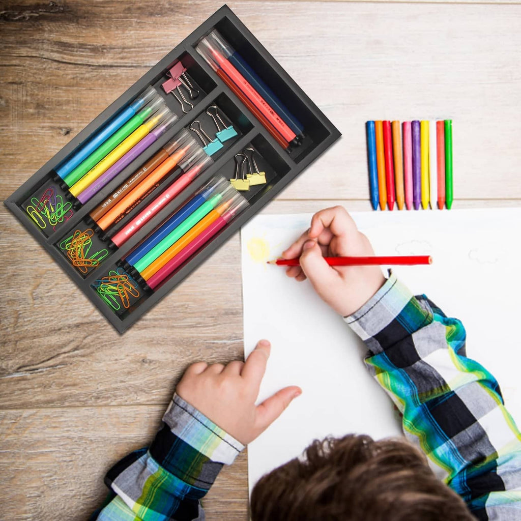 Black compartment organizer tray for colorful markers and small accessories