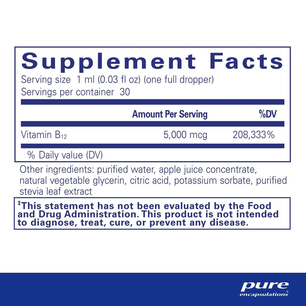 Supplement Facts label showing Vitamin B12 5,000 mcg per serving
