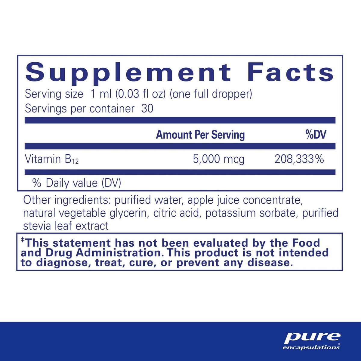 Supplement Facts label showing Vitamin B12 5,000 mcg per serving