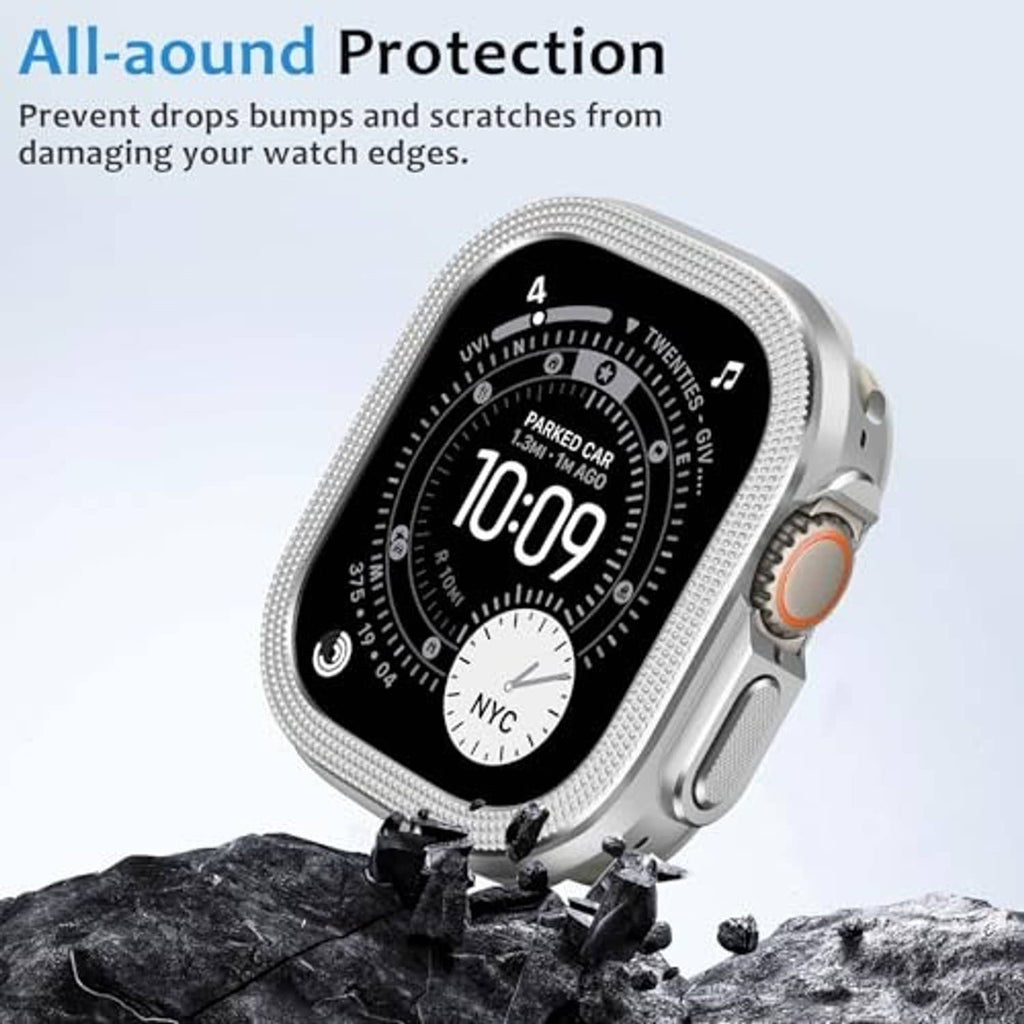 Silver metal watch cover for Apple Watch Ultra 49mm, angled front view on mesh strap