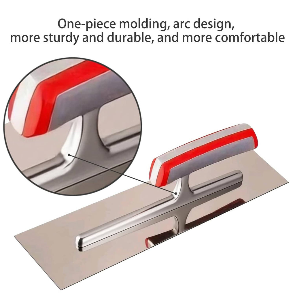 Concrete finishing trowel with one-piece arc design and red-and-gray comfort handle.