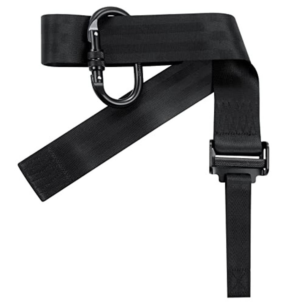 Black tree strap with D-ring, wide webbing, and adjustable fastening tail