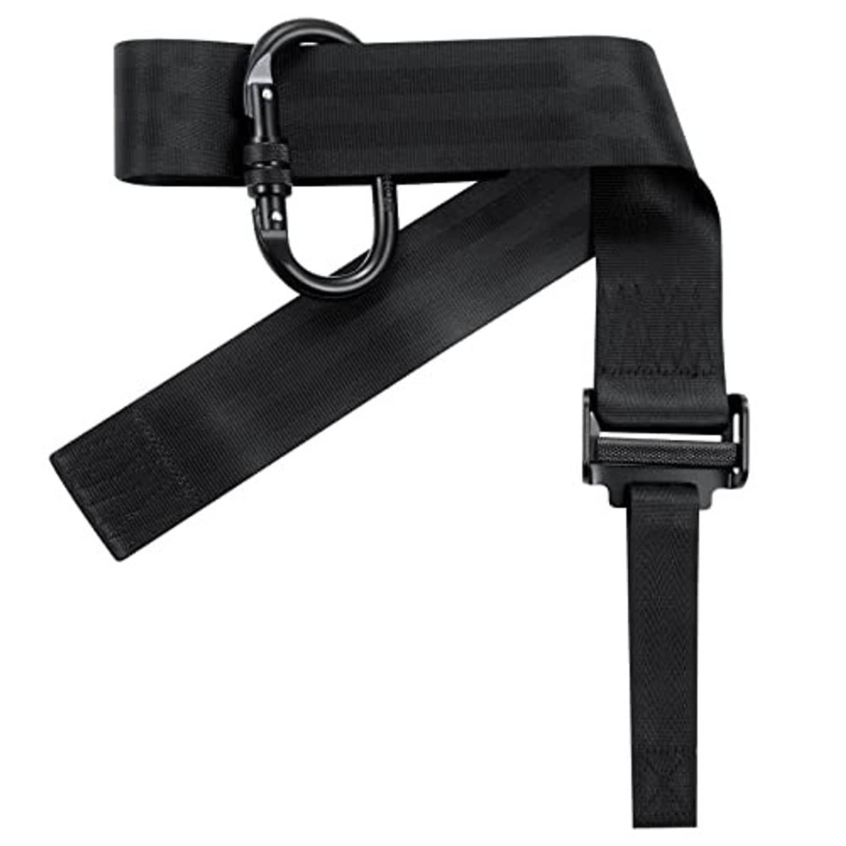 Black tree strap with D-ring, wide webbing, and adjustable fastening tail