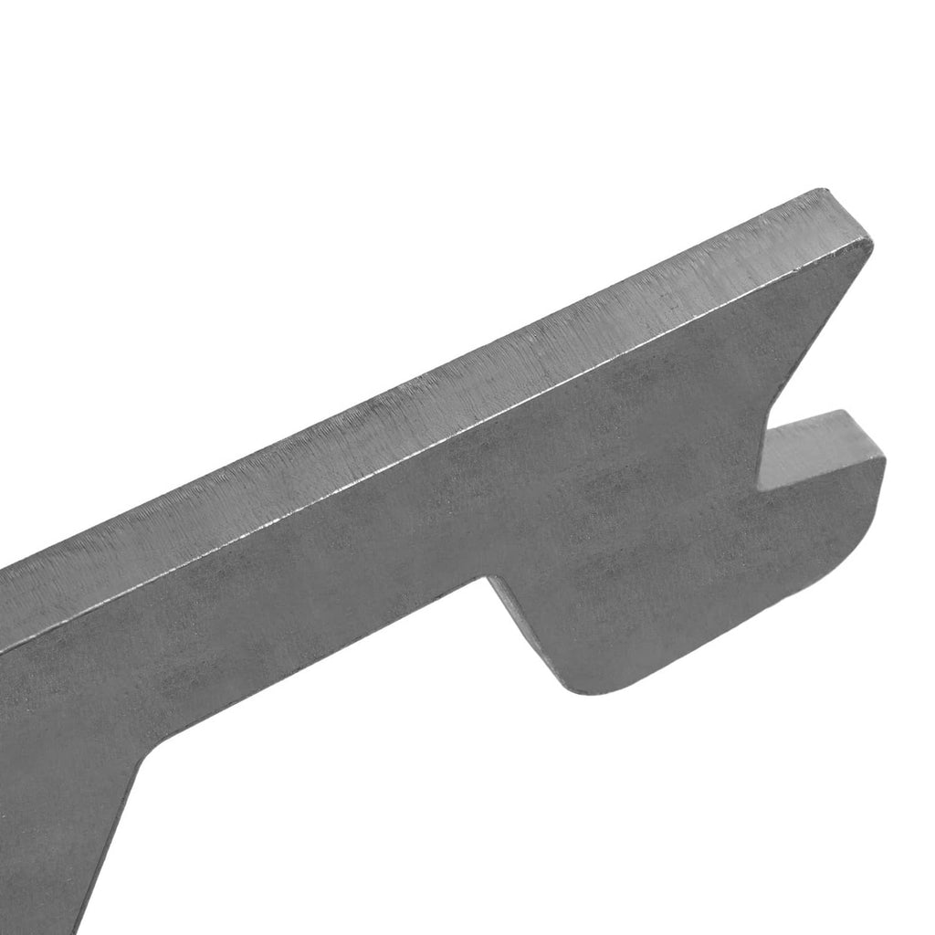 Steel quick-change bucket ear attachment for John Deere, close-up of metal edge and notch