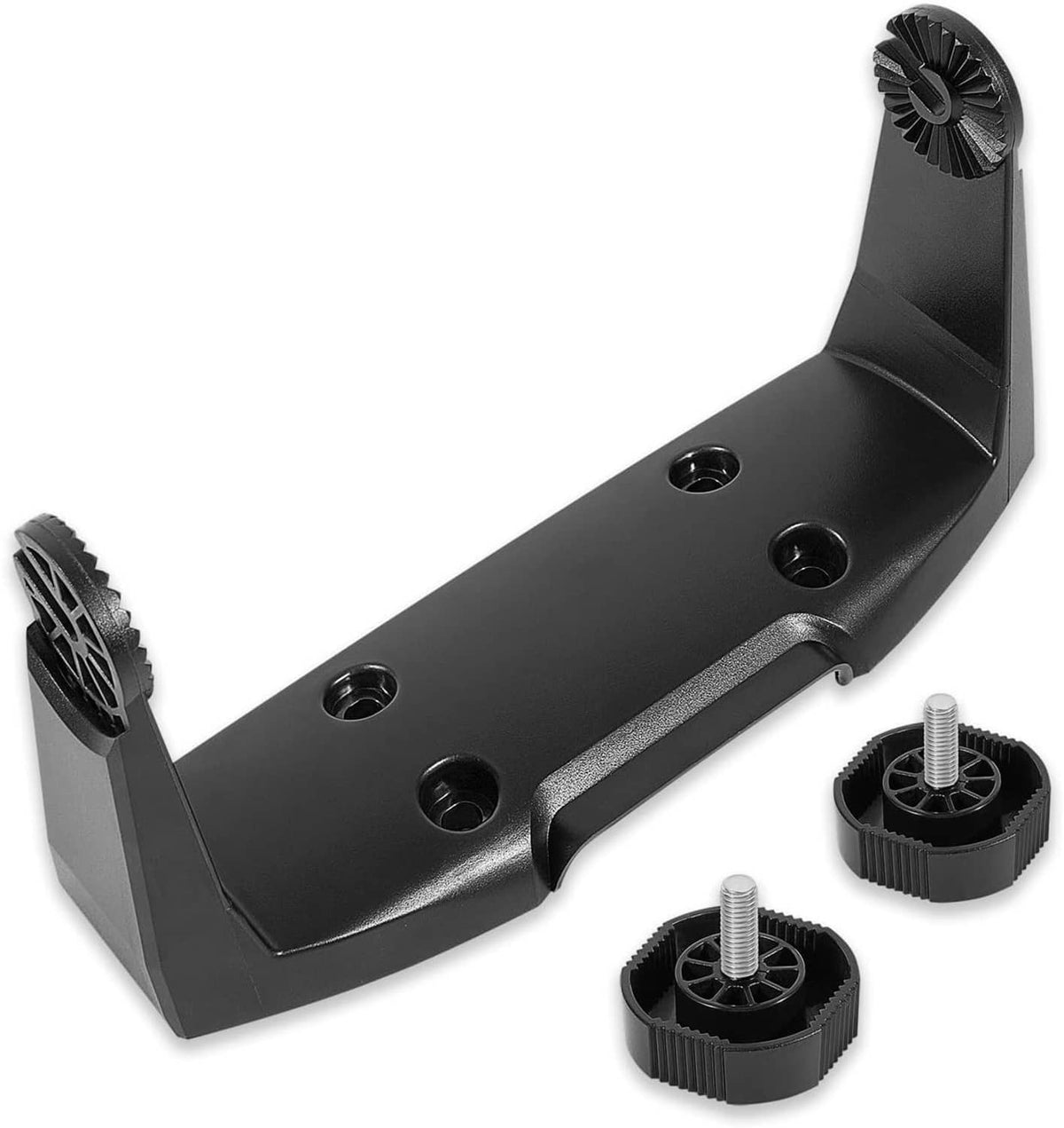 Black gimbal mount bracket with circular screw holes and included leveling feet knobs