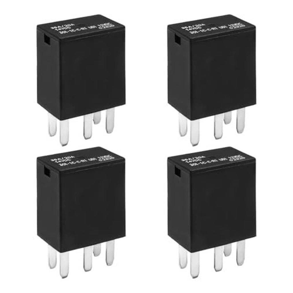 Four black 12V automotive relays with five-pin metal leads, angled front view