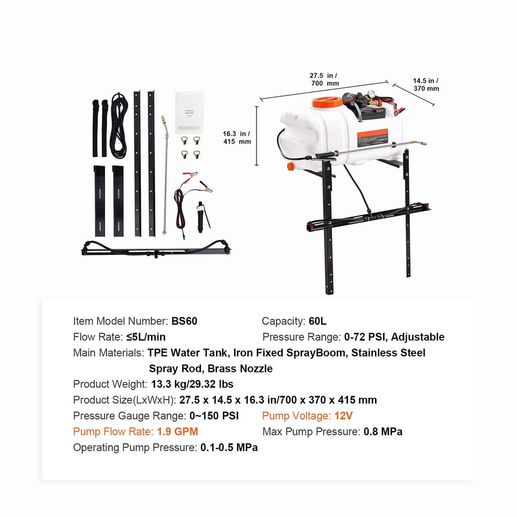 ATV spot sprayer kit with boom, tank, and listed dimensions and specs