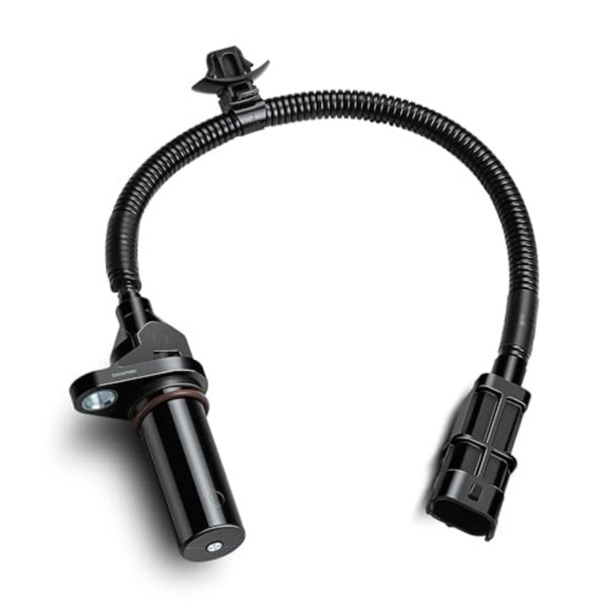Crankshaft position sensor with black cable harness and two-terminal electrical plug