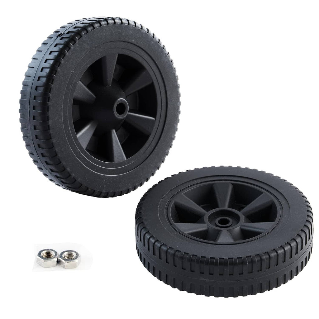 Two black 7-inch wheels with deep tread and included mounting nuts