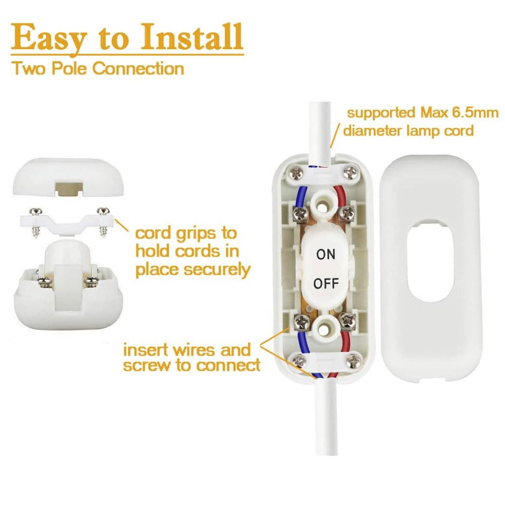Inline cord switch, white, open two-pole connector and cord-grip terminal housing.