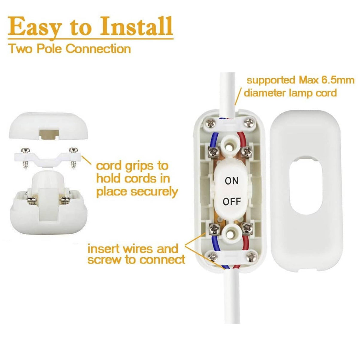 Inline cord switch, white, open two-pole connector and cord-grip terminal housing.
