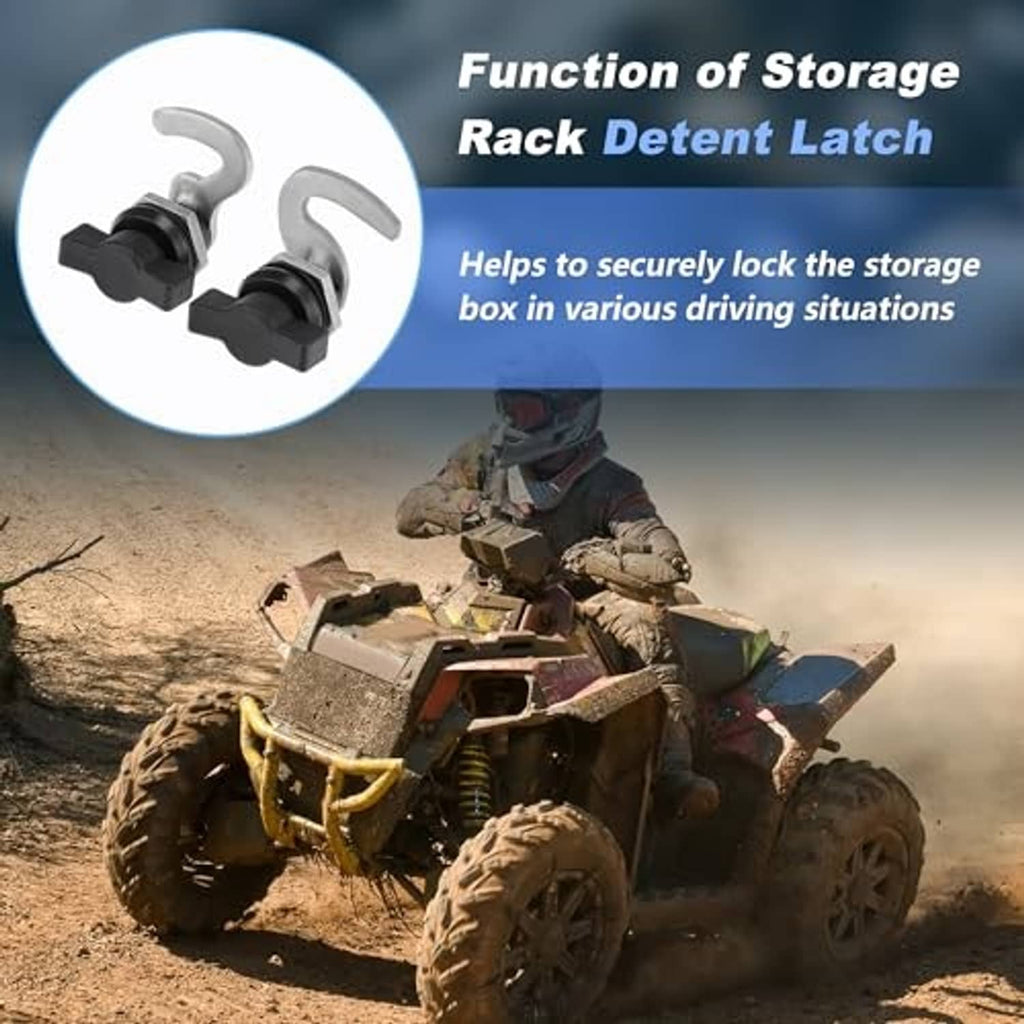 Storage rack detent latch showing two silver hooks with black clamp bases