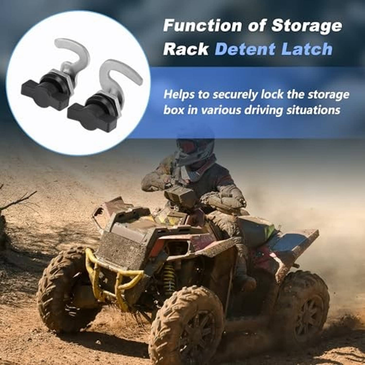 Storage rack detent latch showing two silver hooks with black clamp bases