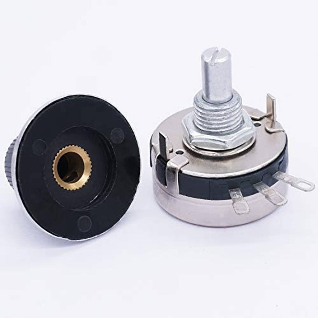 Rotary potentiometer rear view with black bushing, gold insert, and silver pins
