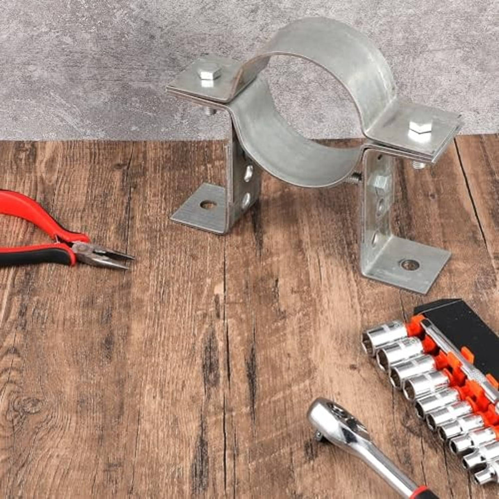 Galvanized pipe wall strap bracket with split ring, base plates, and mounting screws