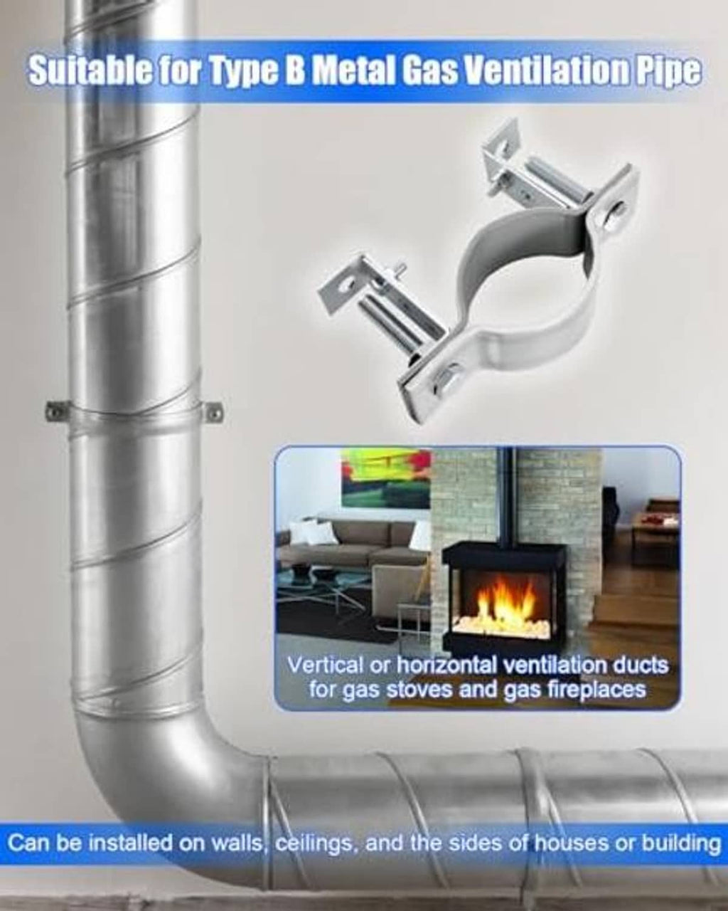 Split-ring bracket for metal gas vent pipe with wall mounting arms and clamp ring, gray