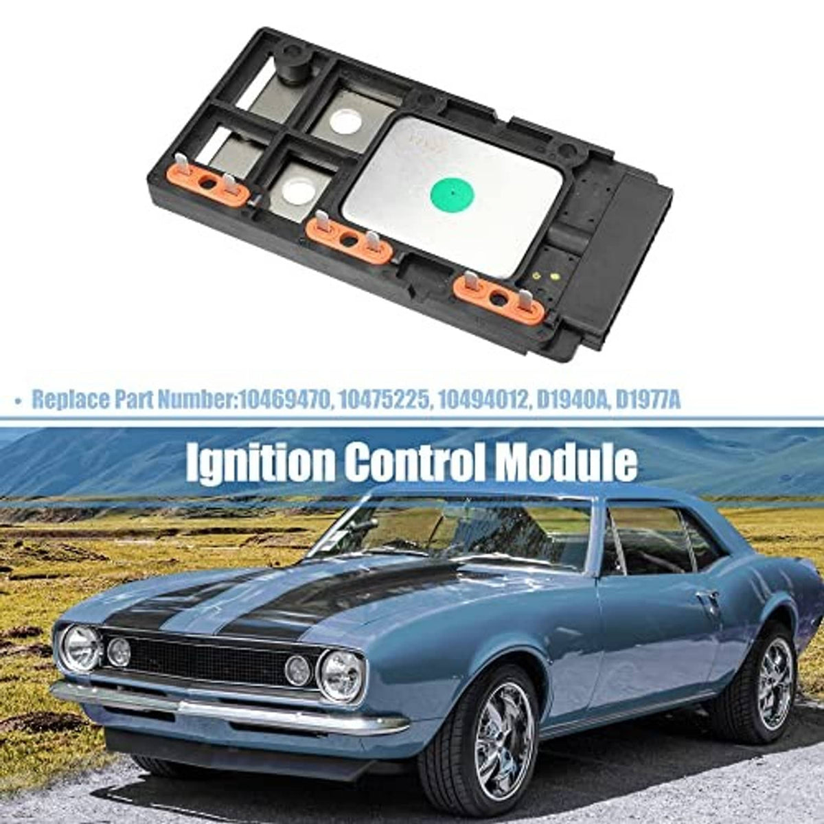 Ignition control module with black frame, green indicator window, and orange contacts