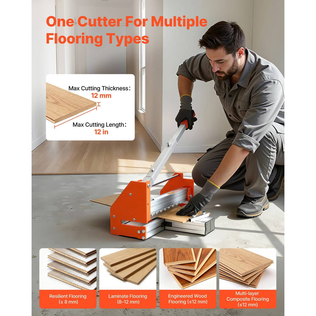 Flooring cutter on floor with adjustable fence and black support blocks