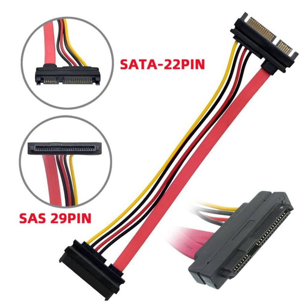 SAS 29-pin to SATA 22-pin cable with red, yellow, black wire bundle and angled ends