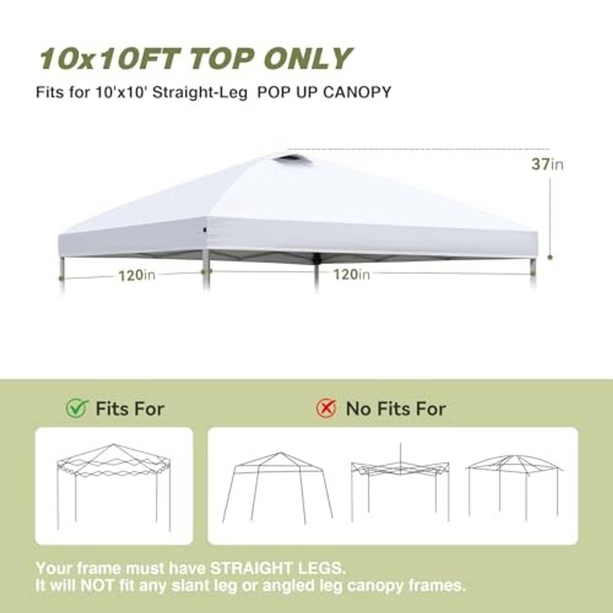 White 10x10 canopy top only with roof vent hole and straight-leg fit guidance