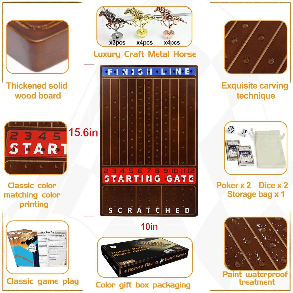 Horse racing board game set with dark brown board, 11 metal horses, dice and storage bag