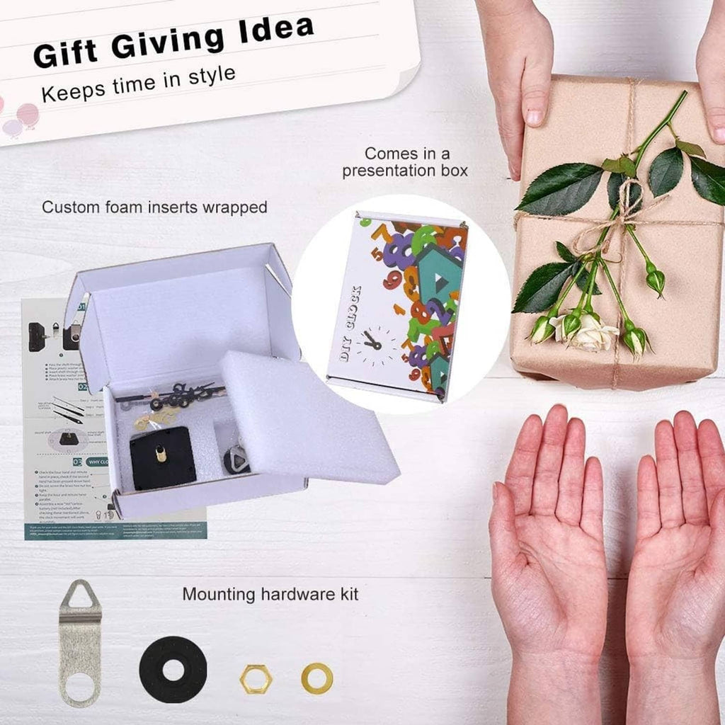 Clock movement gift box with mounting hardware kit and foam inserts