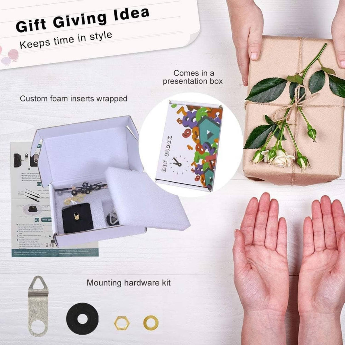 Clock movement gift box with mounting hardware kit and foam inserts