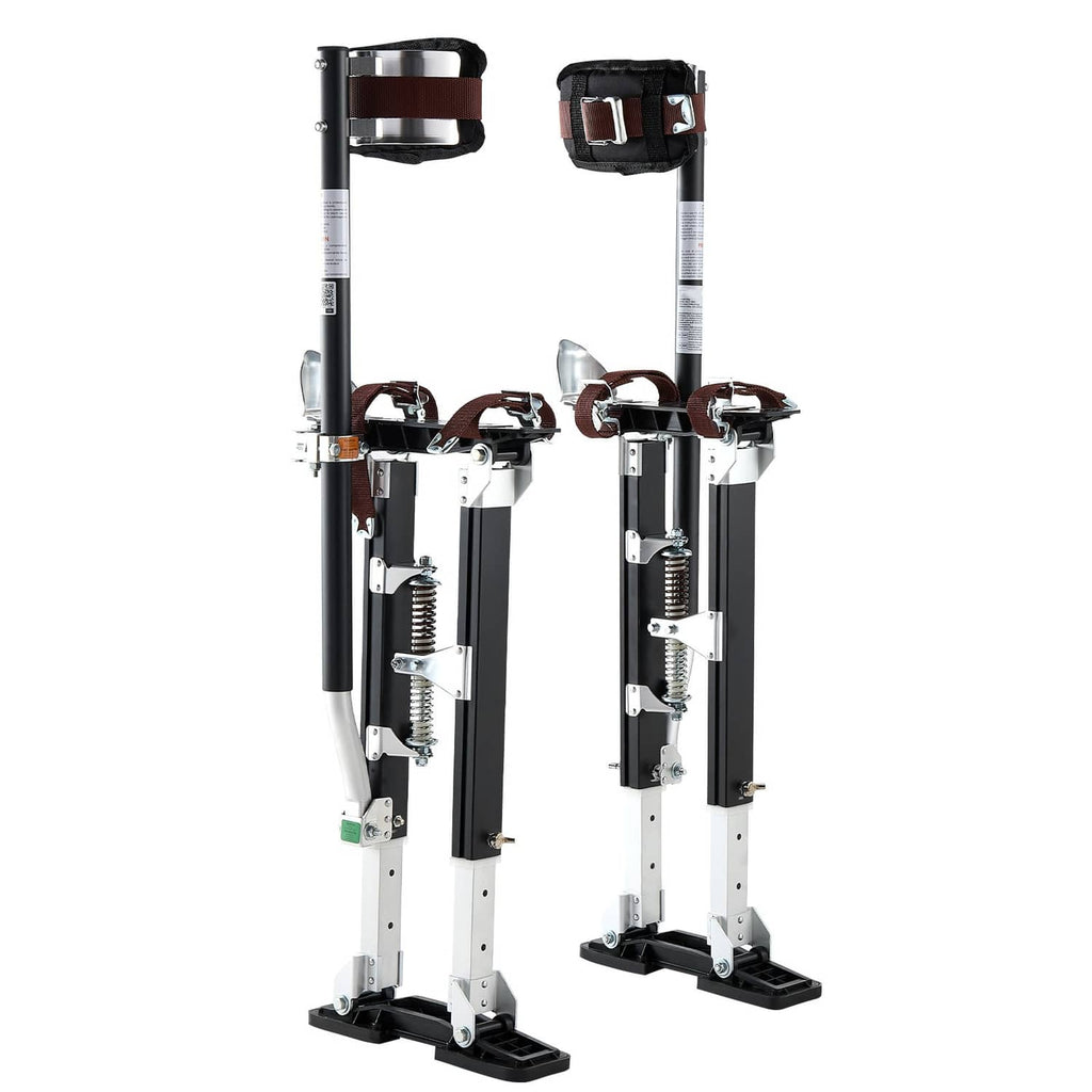 Adjustable aluminum drywall stilts with black foot platforms and carrying straps