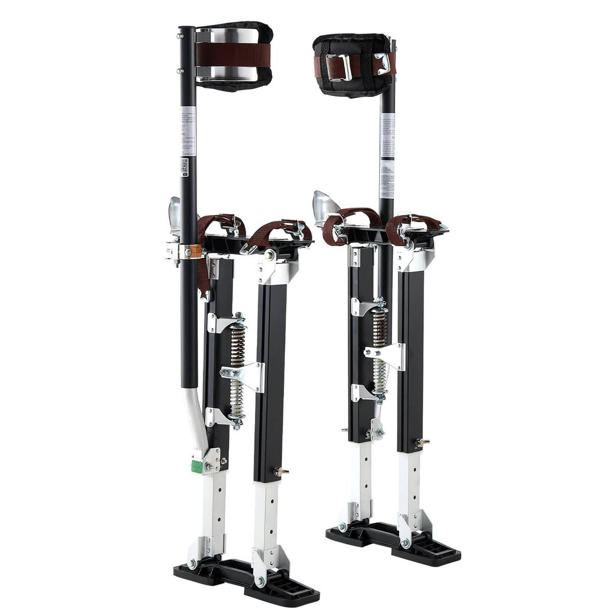 Adjustable aluminum drywall stilts with black foot platforms and carrying straps