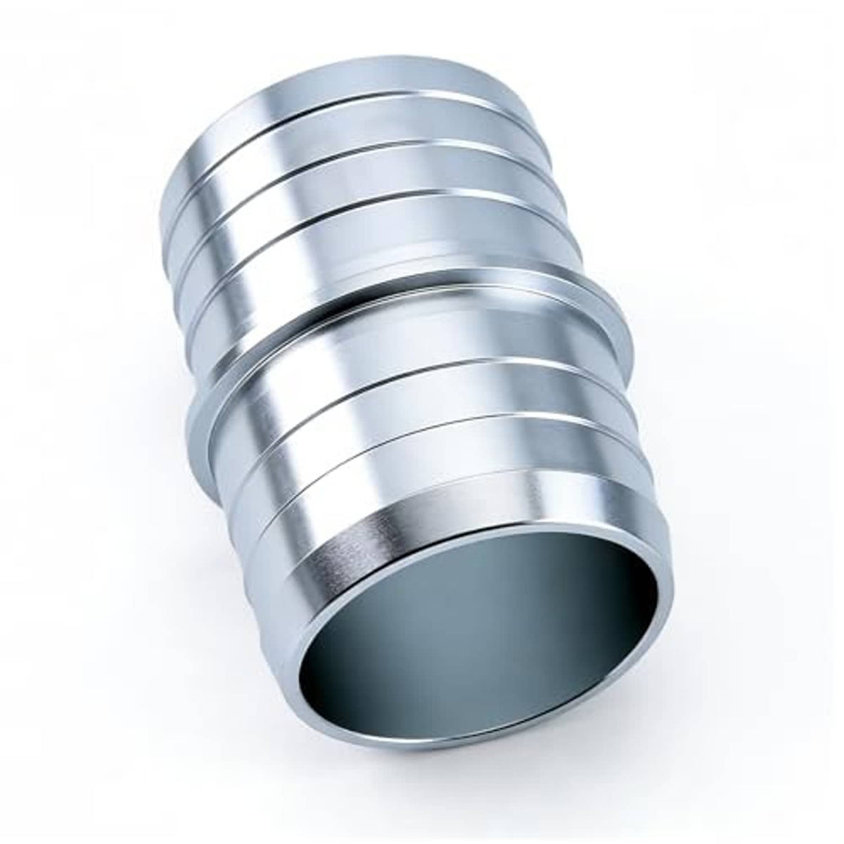 Aluminum hose barb splice coupler fitting with ribbed sleeves and dark inner opening