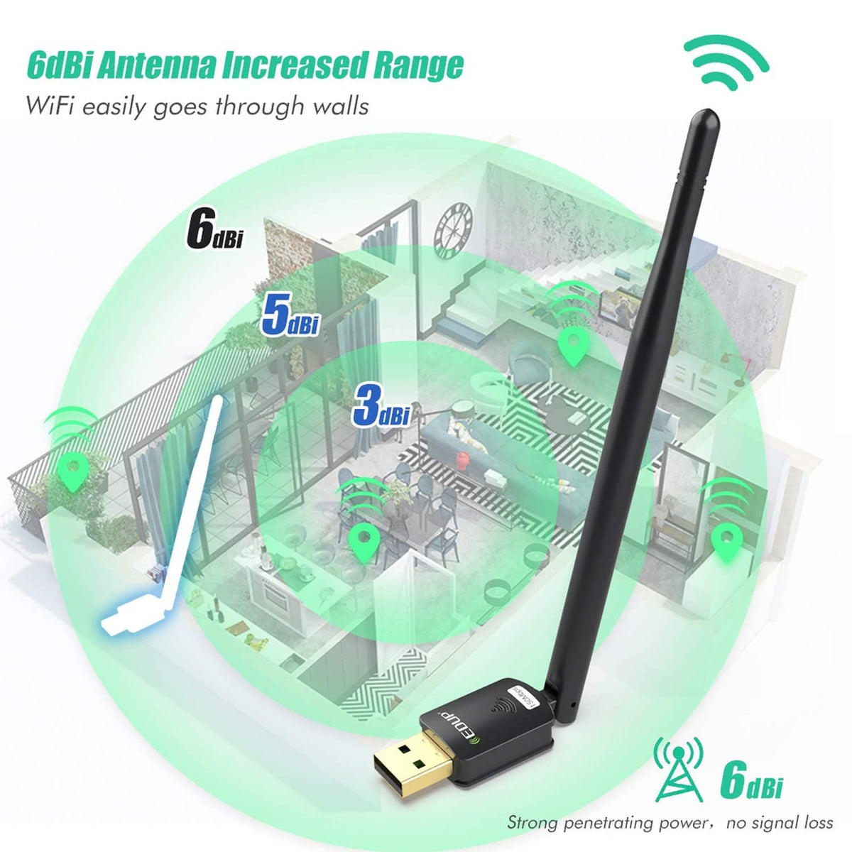 USB WiFi adapter with black antenna and USB plug for extended indoor range