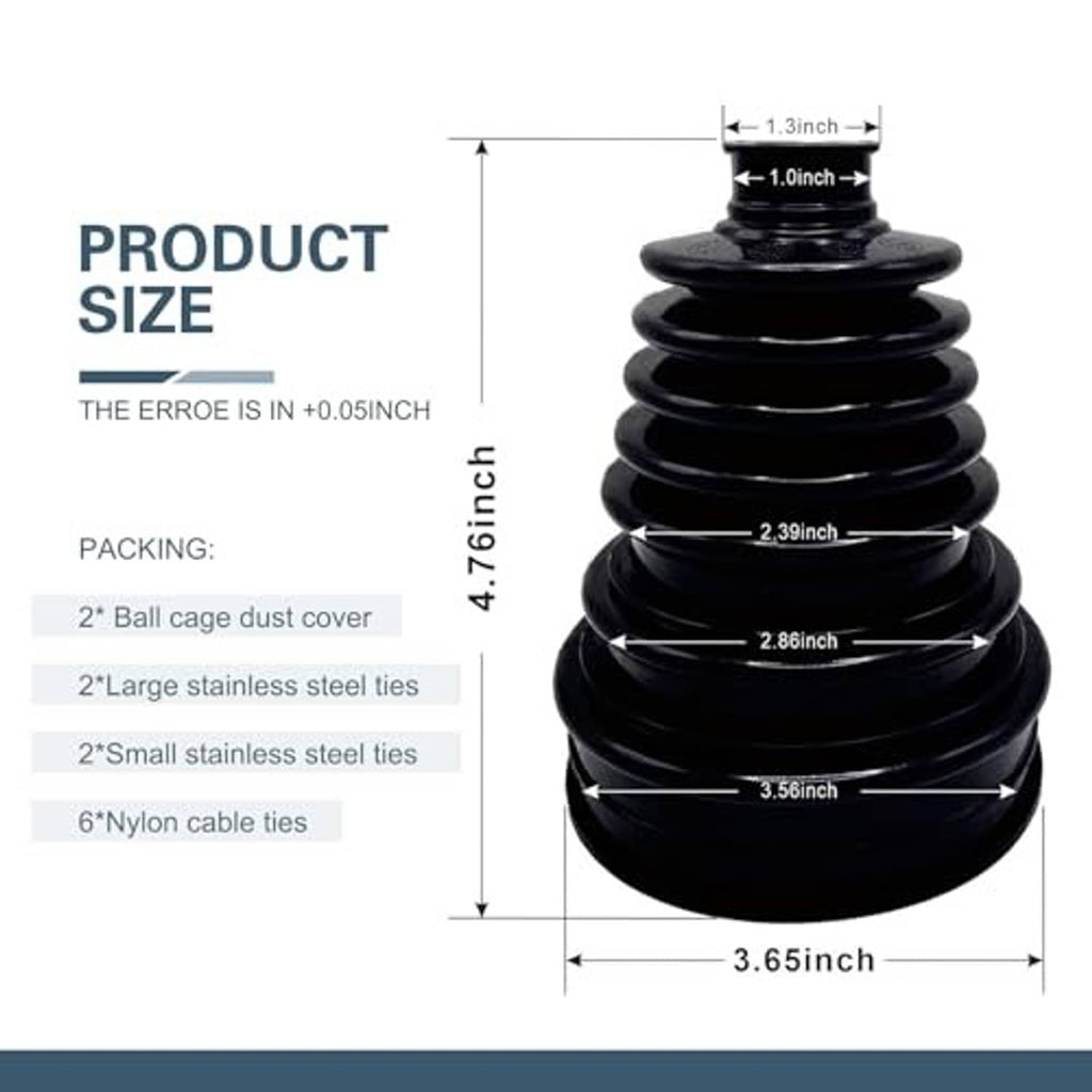 Black CV axle boot showing size measurements for fitting