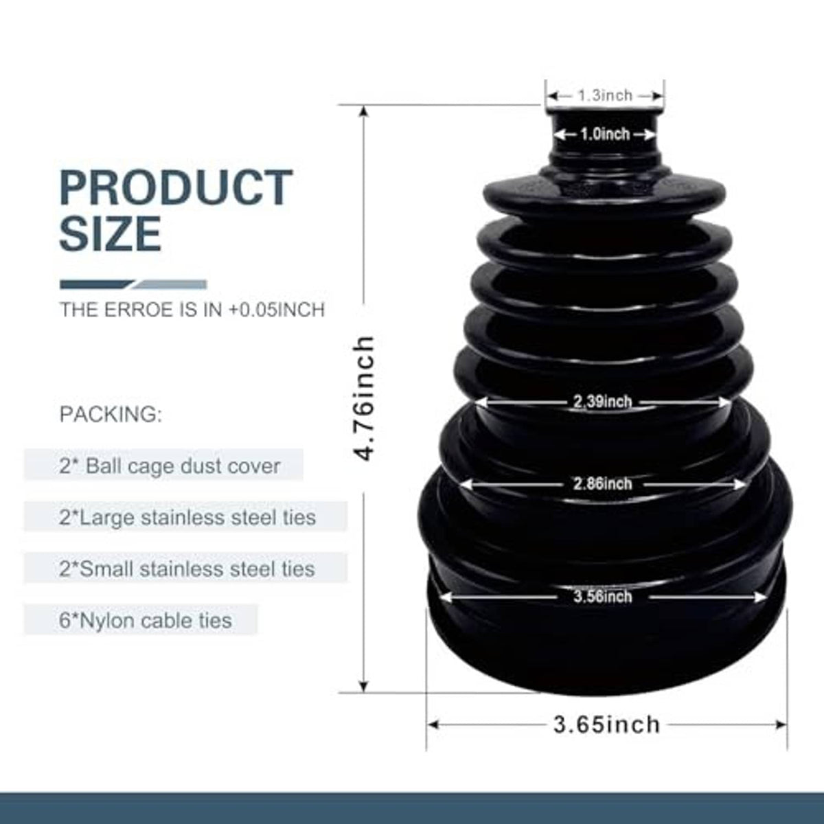Black CV axle boot showing size measurements for fitting