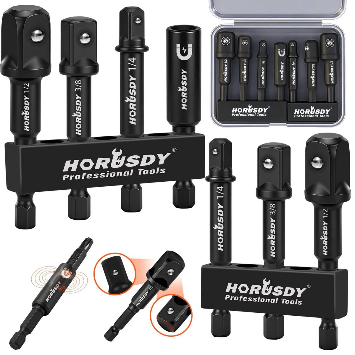 HORUSDY black impact socket adapter and magnetic bit holder set with multiple tips